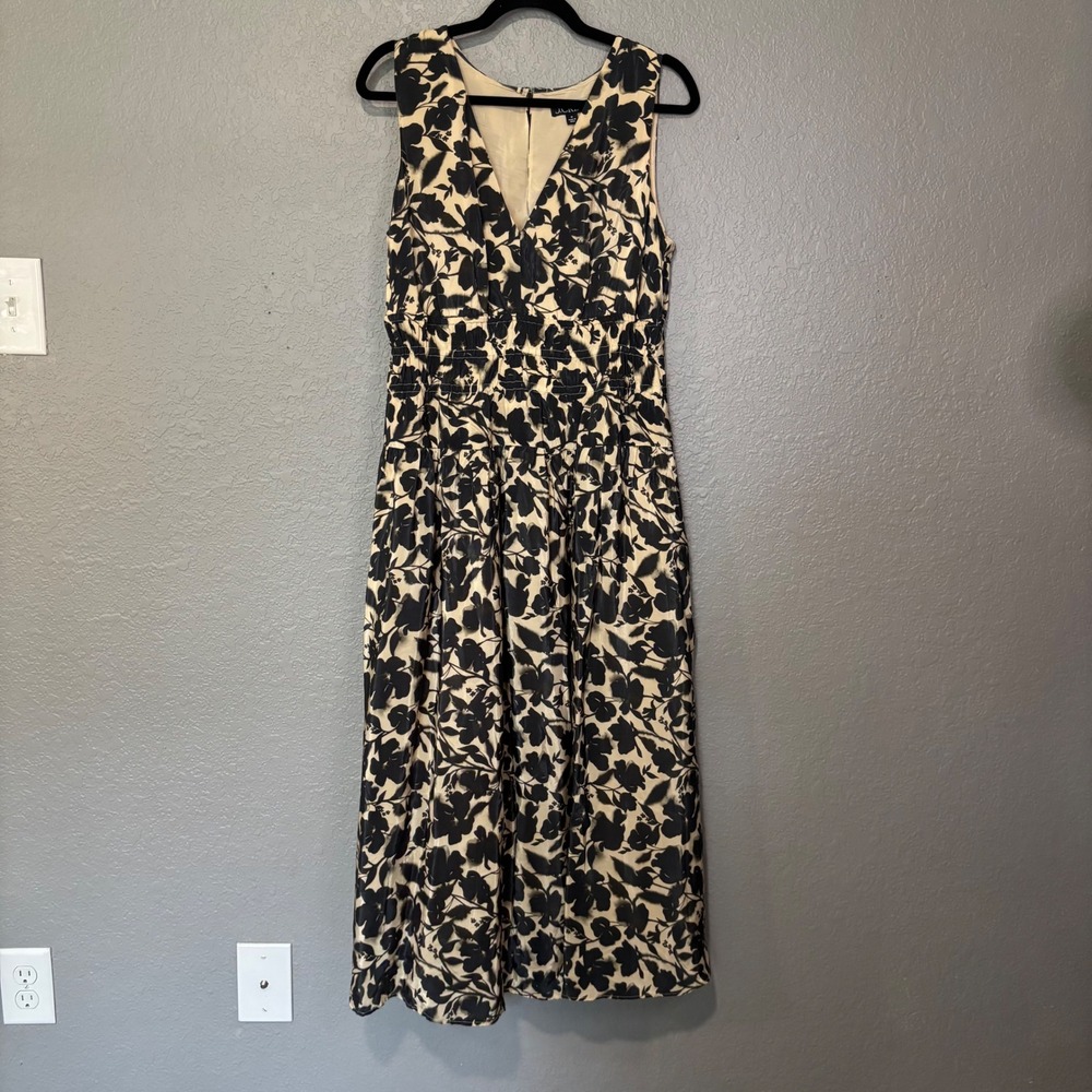 J.Crew Black Tan Floral Smocked Waist V-Neck Midi Dress Pockets Medium